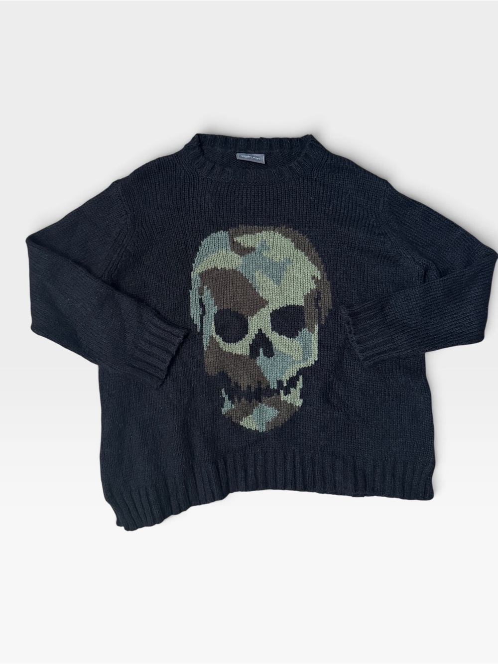Wooden Ships Mohair Blend Camo Skull Crew Chunky Knit Sweater S/M